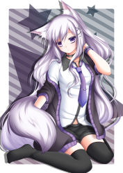 Rule 34 | 1girl, animal ears, black thighhighs, bracelet, choker, earrings, hair ornament, hairclip, hand in own hair, highres, jewelry, long hair, looking at viewer, necktie, no shoes, off shoulder, original, purple eyes, shitou, shorts, silver hair, sitting, solo, striped, striped background, tail, thighhighs, very long hair, wariza, zettai ryouiki