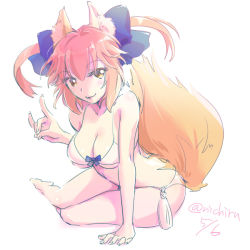 Rule 34 | 10s, 1girl, animal ears, bad id, bad pixiv id, bikini, breasts, cleavage, fate/extra, fate/grand order, fate (series), fox ears, fox tail, kitsune, looking at viewer, nichiru, official alternate costume, pink hair, smile, solo, swimsuit, tail, tamamo (fate), tamamo no mae (fate/extra), tamamo no mae (sexy bikini) (fate), yellow eyes