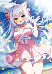 Rule 34 | 1girl, :d, aina rive, animal ear fluff, animal ears, antenna hair, bare shoulders, blue eyes, bow, breasts, cat ears, cat girl, cat tail, center frills, dress, flower, frills, grey hair, hair between eyes, hair bow, hair flower, hair intakes, hair ornament, hand up, heterochromia, highres, long hair, looking at viewer, mauve, medium breasts, open mouth, original, petals, pink bow, pink dress, pink footwear, shoes, sleeveless, sleeveless dress, smile, solo, standing, standing on one leg, tail, very long hair, water, yellow eyes, yellow flower