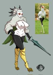 Rule 34 | 1girl, animal, artist logo, bird, breasts, cleft of venus, colored nipples, colored skin, curvy, female focus, full body, grey hair, grey lips, grey nipples, half-closed eyes, highres, holding, holding sword, holding weapon, large breasts, leg armor, legs, lips, looking at viewer, original, personification, pussy, reference inset, secretarybird, shini, smile, solo, standing, sword, weapon, white skin, wide hips, wide sleeves