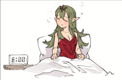 Rule 34 | 1girl, alarm clock, alternate hairstyle, blush, breasts, chibi, cleavage, clock, closed eyes, closed mouth, commentary, dress, english commentary, fire emblem, fire emblem awakening, hair between eyes, hair ornament, long hair, medium breasts, nintendo, on bed, red dress, sakuremi, sitting, sleepy, solo, strapless, strapless dress, tiki (adult) (fire emblem), tiki (fire emblem), under covers, white background