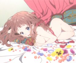 Rule 34 | 10s, 1girl, barefoot, blue eyes, breasts, brown hair, feet, highres, kyoukai no kanata, large breasts, long hair, looking at viewer, moire, nude, official art, pillow, shindou ai, solo, thigh gap