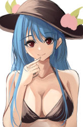 Rule 34 | 1girl, 7saki, aged up, bad id, bad pixiv id, bare shoulders, bikini, black bikini, black hat, blue hair, breasts, cleavage, closed mouth, collarbone, finger to mouth, food, fruit, hair between eyes, halterneck, hand up, hat, hinanawi tenshi, large breasts, long hair, looking at viewer, peach, red eyes, sidelocks, simple background, sketch, smile, solo, swimsuit, touhou, upper body, white background