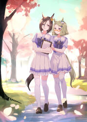Rule 34 | 2girls, air groove (umamusume), air messiah (umamusume), animal ears, arm hug, blurry, bokeh, bow, bowtie, breasts, brown footwear, brown hair, cherry blossoms, clipboard, depth of field, ear ornament, full body, glasses, green hair, grey eyes, holding, holding clipboard, horse ears, horse girl, horse tail, loafers, looking at another, medium breasts, multiple girls, open mouth, outdoors, petals, petticoat, puffy short sleeves, puffy sleeves, purple eyes, purple shirt, romi (346 ura), sailor collar, shirt, shoes, short hair, short sleeves, skirt, small breasts, smile, tail, thighhighs, tree, umamusume, walking, white skirt, white thighhighs