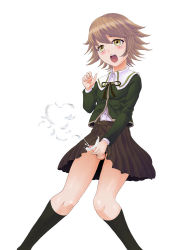 Rule 34 | 1boy, airborne cum, arm up, black footwear, black ribbon, blush, brown hair, brown skirt, buttons, calf socks, censored, collar, collared shirt, crying, crying with eyes open, cum, danganronpa: trigger happy havoc, danganronpa (series), drooling, eyebrows hidden by hair, eyelashes, feathers, fingernails, fujisaki chihiro, green jacket, green stripes, hand up, jacket, knees bent, legs, long sleeve shirt, long sleeved jacket, long sleeves, male masturbation, masturbation, multicolored clothes, neck, neck ribbon, nose, open mouth, penis, pleated skirt, ribbon, rurukichi, sailor collar, saliva, shirt, simple background, skirt, small penis, socks, standing, striped, tears, teeth, testicles, thighs, trap, upper teeth only, white background, white collar, white shirt, yellow eyes