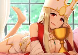Rule 34 | 1girl, barefoot, blonde hair, blush, breasts, cleavage, crown, fate/grand order, fate (series), head tilt, highres, holy grail, indoors, irisviel von einzbern, irisviel von einzbern (caster), large breasts, leg up, long hair, looking at viewer, lying, on stomach, oyaji-sou, red eyes, smile, solo, white hair, window