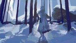 Rule 34 | 1boy, absurdres, boots, cape, closed mouth, commentary, diamond hairband, fate/grand order, fate (series), forest, from side, fur-trimmed cape, fur trim, hairband, highres, kitsunekotori, male focus, nature, oberon (fate), outdoors, profile, rock, snow, snowing, solo, standing, tree, white hair