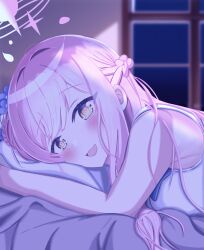 Rule 34 | 1girl, :3, :d, absurdres, backlighting, bed, bed sheet, blue archive, blunt bangs, blush, commentary request, hair bun, halo, highres, long hair, looking at viewer, lying, mika (blue archive), moonlight, night, night sky, hugging object, on side, one side up, open mouth, pillow, pillow hug, pink hair, school uniform, sidelocks, single side bun, sky, sleeveless, smile, solo, tamaki (tamaki-sh), window, yellow eyes
