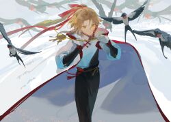 Rule 34 | 1boy, absurdres, bird, black pants, blonde hair, cape, chinese commentary, closed mouth, commentary request, hair ribbon, highres, honkai: star rail, honkai (series), jewelry, long hair, long sleeves, male focus, necklace, pants, ponytail, rafaelaaa, red ribbon, ribbon, simple background, solo, standing, white background, yanqing (honkai: star rail), yellow eyes