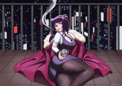 Rule 34 | 1girl, alternate eye color, ass, bartender, beer can, breasts, can, cigarette, cityscape, cyberpunk, drink can, highres, jill stingray, kuri (tastykuri), large breasts, long hair, long sleeves, necktie, pantyhose, purple eyes, purple hair, shirt, skirt, solo, twintails, va-11 hall-a, vest, white shirt