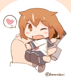 Rule 34 | 10s, 1girl, blush stickers, brown eyes, brown hair, fang, hanomido, heart, holding, ikazuchi (kancolle), kantai collection, looking at viewer, mini person, minigirl, one eye closed, open mouth, out of frame, school uniform, serafuku, short hair, skirt, solo focus, spoken heart, thighhighs, twitter username