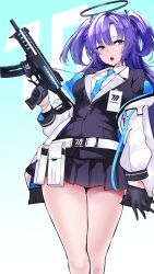 Rule 34 | 1girl, absurdres, agetama, belt, between breasts, black gloves, blue archive, blue necktie, breasts, business suit, collared shirt, commentary, cowboy shot, eyelashes, forehead, formal, frilled skirt, frills, gloves, gradient background, gun, half gloves, halo, highres, holding, holding gun, holding weapon, jacket, legs together, long hair, long sleeves, looking to the side, necktie, necktie between breasts, open clothes, open jacket, open mouth, parted bangs, pouch, purple eyes, purple hair, shirt, short twintails, skirt, solo, standing, suit, teeth, thighs, twintails, two side up, upper teeth only, weapon, white shirt, yuuka (blue archive)