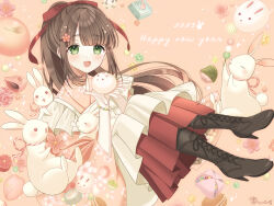 Rule 34 | 1girl, 2023, :d, bead bracelet, beads, black footwear, blunt bangs, blush, boots, bracelet, brown hair, candy, chinese zodiac, commentary request, cross-laced footwear, dango, dorayaki, eyelashes, feet up, floating hair, floral print, flower, food, frilled kimono, frills, green eyes, hair ornament, hair ribbon, hairclip, hakama, hands up, happy new year, high heel boots, high heels, highres, holding, japanese clothes, jewelry, kimono, knee boots, kompeitou (lemon garden), konpeitou, lace-up boots, long hair, long sleeves, looking at viewer, namagashi, new year, open mouth, original, pink background, pink flower, pink kimono, ponytail, print kimono, rabbit, red hakama, red ribbon, ribbon, sakura mochi, sakuramon, sanshoku dango, sidelocks, simple background, smile, solo, tareme, wagashi, wide sleeves, year of the rabbit, youkan (food)