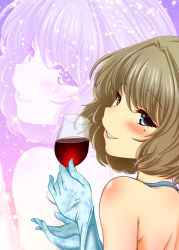 Rule 34 | 1girl, alcohol, backless dress, backless outfit, blue eyes, blue gloves, cup, dress, drinking glass, floral print, from behind, gloves, green eyes, halterneck, heterochromia, idolmaster, idolmaster cinderella girls, light brown hair, looking at viewer, medium hair, mole, mole under eye, profile, solo, takagaki kaede, upper body, wine, wine glass, yakou kino, zoom layer