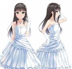 Rule 34 | 10s, 1girl, armpits, bare shoulders, bikini, black hair, blunt bangs, blush, breasts, bride, cleavage, dress, elbow gloves, gloves, green eyes, hand in own hair, hand on own hip, highres, jewelry, kurosawa dia, long hair, love live!, love live! school idol festival, love live! sunshine!!, mizukoshi (marumi), mole, mole under mouth, multiple views, necklace, simple background, small breasts, strapless, strapless dress, swimsuit, tiara, wedding dress, white background, white bikini, white dress