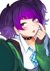 Rule 34 | 1girl, :p, absurdres, akagi asahito, bow, bowtie, choker, diagonal bangs, ear piercing, earrings, highres, idolmaster, idolmaster shiny colors, jewelry, looking at viewer, nail polish, piercing, purple eyes, purple hair, purple nails, school uniform, selfie, simple background, smile, solo, spiked choker, spikes, tanaka mamimi, tongue, tongue out, twintails, white background