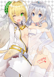 Rule 34 | 10s, 2girls, :o, ahoge, bad id, bad twitter id, blonde hair, blue eyes, blush, breasts, bridal gauntlets, bridal veil, chain, cleavage, commentary, crossover, dress, fate/extra, fate/extra ccc, fate (series), garter straps, green eyes, highres, kantai collection, kashima (kancolle), kou mashiro, lock, multiple girls, nero claudius (bride) (fate), nero claudius (fate), nero claudius (fate) (all), one eye closed, panties, see-through, silver hair, smile, thighhighs, two side up, underwear, veil, wedding dress, white legwear, white panties