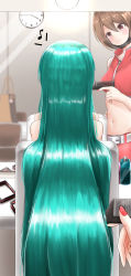 Rule 34 | 2girls, absurdres, aqua hair, bad id, bad pixiv id, bare shoulders, belt, bottle, brown eyes, brown hair, clock, comb, commentary, crop top, eighth note, from behind, hair down, hair ornament, unworn hair ornament, hatsune miku, highres, holding, holding comb, itogari, long hair, looking at another, mask, meiko (vocaloid), midriff, mirror, mouth mask, multiple girls, musical note, nail polish, navel, pov, pov hands, red nails, red shirt, red skirt, reflection, shirt, short hair, sitting, skirt, smile, spoken musical note, very long hair, vocaloid