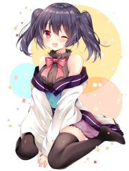 Rule 34 | 10s, 1girl, ;d, bare shoulders, black hair, black shirt, black thighhighs, blush, bow, bowtie, breasts, confetti, dress, full body, hair between eyes, looking at viewer, medium breasts, no shoes, nogi takayoshi, off shoulder, one eye closed, open mouth, own hands together, red bow, red bowtie, red eyes, ribbed shirt, shirt, sitting, sleeveless, sleeveless shirt, smile, solo, thighhighs, twintails, urara meirochou, v arms, wariza, yukimi koume