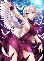 Rule 34 | 1girl, ascot, belt, bird, breasts, brooch, closed mouth, contrapposto, curvy, dress, feathered wings, feathers, half updo, hip focus, jacket, jewelry, kishin sagume, large breasts, light smile, long skirt, long sleeves, nail polish, open clothes, open jacket, purple dress, purple skirt, red eyes, red nails, rihito (usazukin), shirt, short dress, short hair, single wing, skirt, sky, smile, solo, standing, star (sky), starry sky, taut clothes, taut shirt, thighs, touhou, white hair, white wings, wing collar, wings
