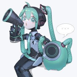Rule 34 | ..., 1girl, ahoge, android, aqua eyes, aqua hair, aqua necktie, bare shoulders, black sleeves, bright pupils, cable hair, cheri zao, detached sleeves, feet out of frame, hashtag-only commentary, hatsune miku, highres, holding, holding megaphone, joints, long hair, looking at viewer, mechanical parts, megaphone, miniskirt, necktie, number tattoo, proto miku (cheri zao), robot girl, robot joints, see-through, see-through skirt, see-through sleeves, shadow, shirt, simple background, skirt, sleeveless, sleeveless shirt, solo, speech bubble, standing, tattoo, very long hair, vocaloid, white background, white pupils