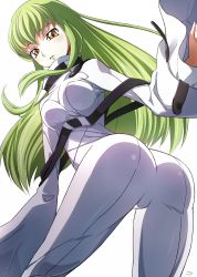 Rule 34 | 1girl, ass, blush, bodysuit, breasts, c.c., code geass, commentary, green hair, high collar, highres, long hair, long sleeves, looking at viewer, looking back, medium breasts, parted lips, sakurayume kome, signature, simple background, sleeves past wrists, smile, solo, standing, white background, white bodysuit, wide sleeves, yellow eyes