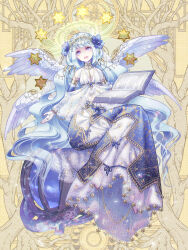 Rule 34 | 1girl, :d, angel wings, arabian clothes, armillary sphere, armlet, bare shoulders, barefoot, beads, blue bridal gauntlets, blue flower, blue hair, blue skirt, book, breasts, bridal gauntlets, circlet, crop top, dairoku ryouhei, flower, full body, gold collar, hair beads, hair flower, hair ornament, halo, head chain, holding, holding book, jewelry, kawa k3, lace, lace-trimmed skirt, lace trim, light blue hair, long hair, long skirt, looking up, low twintails, midriff, multiple wings, necklace, open book, open mouth, oversized object, overskirt, purple eyes, shawl, shirt, short bangs, sitting, skirt, sleeveless, sleeveless shirt, small breasts, smile, solo, star (symbol), teeth, till loewe, twintails, upper teeth only, very long hair, wavy hair, white shawl, white shirt, white skirt, white wings, wing ornament, wings, yellow background