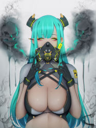 Rule 34 | absurdres, biohazard symbol, black gloves, breasts, commentary, commission, gas mask, gloves, green hair, highres, large breasts, liya nikorov, long hair, looking at viewer, mask, mole, mole on breast, mole under eye, original, radiation symbol, skull, solo, upper body, yellow eyes