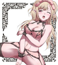 Rule 34 | 1girl, black pantyhose, blonde hair, blush, bow, bra, breasts, cleavage, covering privates, fang, female focus, hair bow, koori (haraiso), lingerie, long hair, navel, nippleless clothes, nipples, open mouth, original, panties, pantyhose, pointy ears, red eyes, see-through, sitting, solo, thighhighs, underwear, white background, wince