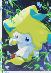Rule 34 | blue eyes, blue flower, border, commentary request, creatures (company), flower, forget-me-not (flower), game freak, gen 3 pokemon, highres, holding, jirachi, leaf, legendary pokemon, milky way, mythical pokemon, night, nintendo, no humans, open mouth, outdoors, pokemon, pokemon (creature), sky, smile, star (sky), tonbo (tonbo63194), white border