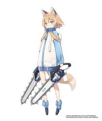 Rule 34 | 1girl, animal ear fluff, animal ears, ankle boots, blue footwear, blush, boots, chainsaw, closed mouth, copyright request, fox ears, fox girl, fox tail, full body, green eyes, hair between eyes, holding, jacket, light brown hair, long sleeves, looking at viewer, poco (asahi age), short hair, simple background, sleeves past wrists, solo, tail, watermark, white background, white jacket