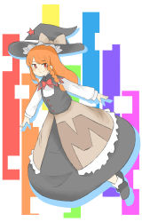 Rule 34 | 1girl, absurdres, azusa (cookie), black footwear, black hat, black skirt, black vest, blush, bow, bowtie, braid, brown bow, closed mouth, colored shadow, commentary request, cookie (touhou), full body, hat, hat bow, highres, kirisame marisa, long hair, long sleeves, looking at viewer, orange hair, red bow, red bowtie, red eyes, red star, shadow, shirt, shoes, side braid, single braid, skirt, smile, socks, solo, star (symbol), touhou, vest, white shirt, white socks, witch hat, yumekamaborosh