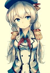 Rule 34 | 10s, 1girl, absurdres, arms behind back, beret, blue eyes, breasts, epaulettes, hat, highres, kantai collection, kashima (kancolle), kerchief, long sleeves, looking at viewer, military, military uniform, miniskirt, parted lips, pleated skirt, ranf, silver hair, simple background, skirt, small breasts, solo, twintails, uniform, upper body, wavy hair, white background