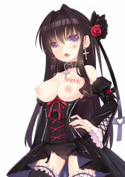Rule 34 | 1girl, bad id, bad pixiv id, black hair, blush, breasts, cameltoe, choker, collar, corset, cross, detached sleeves, earrings, flower, garter straps, hair flower, hair ornament, hand on own hip, heart, heart-shaped pupils, highres, jewelry, long hair, mvv, necklace, nipples, open mouth, original, panties, purple eyes, rancy, simple background, solo, symbol-shaped pupils, tattoo, thighhighs, topless, underwear, white background