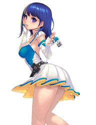 Rule 34 | 1girl, arin, armpits, ass, blue eyes, blue hair, detached sleeves, dress, fingerless gloves, gloves, hand on own face, highres, kamdia, lace, lace-trimmed skirt, lace trim, looking back, matching hair/eyes, pangya, skirt, solo, thighs, usb, usb plug