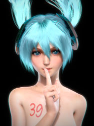 Rule 34 | 1girl, 39, 3d, black background, blue eyes, blue hair, female focus, finger to mouth, hair between eyes, hatsune miku, hatsune miku (append), ikedan, long hair, matching hair/eyes, realistic, shushing, solo, topless frame, twintails, upper body, vocaloid, vocaloid append