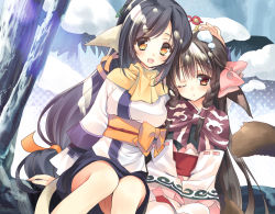 Rule 34 | 2girls, absurdly long hair, ainu clothes, animal ears, aquaplus, ass, black hair, blush, braid, breasts, brown hair, cat tail, dress, feet out of frame, full body, hair between eyes, hair ornament, hair ribbon, hand on another&#039;s head, height difference, kuon (utawarerumono), layered sleeves, long hair, long sleeves, looking at viewer, medium breasts, mpeg7, multiple girls, one eye closed, open mouth, orange eyes, outdoors, ponytail, raised eyebrows, red eyes, ribbon, rulutieh, scarf, sidelocks, sitting, small breasts, snow, swept bangs, tail, thighs, tree, utawarerumono, utawarerumono: itsuwari no kamen, very long hair, white tail, yellow scarf