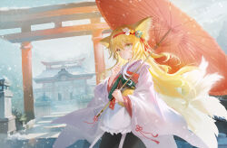 Rule 34 | 1girl, animal ears, apron, arknights, blonde hair, coin purse, commentary, cowboy shot, flower, fox ears, fox girl, fox tail, green eyes, hair flower, hair ornament, hairband, hand up, highres, holding, holding umbrella, japanese clothes, juweibingbang, kimono, long hair, long sleeves, looking at viewer, multiple tails, obi, official alternate costume, open mouth, outdoors, pink kimono, red hairband, red umbrella, sash, shrine, snow, snowing, solo, stone lantern, suzuran (arknights), suzuran (yukibare) (arknights), tail, torii, umbrella, waist apron, white apron, white flower, wide sleeves