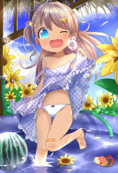 Rule 34 | 1girl, ;d, bandaid, bandaid on knee, bandaid on leg, blue eyes, blue sky, bow, bow panties, clothes lift, cloud, day, dress, dress lift, fang, flat chest, flower, food, fruit, hair ornament, hairclip, highres, hose, makuran, navel, off shoulder, one eye closed, one side up, open mouth, original, panties, petals, polka dot, polka dot dress, pool, side-tie panties, skirt, skirt lift, sky, smile, solo, splashing, standing, standing on one leg, star (symbol), strap slip, sundress, sunflower, toes, underwear, water, watermelon, white panties