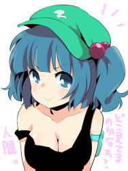 Rule 34 | &gt;:), 1girl, bare shoulders, blue eyes, blue hair, breasts, cleavage, female focus, hair bobbles, hair ornament, ica, kawashiro nitori, large breasts, matching hair/eyes, smile, solo, strap slip, tank top, touhou, translated, twintails, two side up, upper body, v-shaped eyebrows