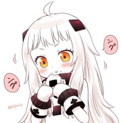 Rule 34 | 10s, 1girl, :t, abyssal ship, ahoge, dress, eating, food, food in mouth, food on face, horns, kantai collection, long hair, migu (migmig), mittens, northern ocean princess, onigiri, simple background, sleeveless, sleeveless dress, solo, twitter username, white background, white dress, white hair