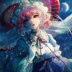 Rule 34 | 1girl, blue butterfly, blue kimono, breasts, bug, butterfly, butterfly on hand, center frills, choker, commentary request, eyebrows hidden by hair, frilled kimono, frilled shirt collar, frills, full moon, gloves, hand up, hat, head tilt, highres, holding, holding umbrella, insect, japanese clothes, kimono, kyogoku-uru, large breasts, lipstick, long sleeves, looking at viewer, makeup, mob cap, moon, neck ribbon, night, parasol, parted lips, pink eyes, pink hair, red ribbon, ribbon, saigyouji yuyuko, short hair, signature, solo, touhou, triangular headpiece, umbrella, under umbrella, upper body, white gloves, wide sleeves