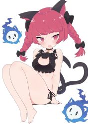 Rule 34 | 1girl, absurdres, animal ears, bare shoulders, barefoot, bell, black bow, black choker, black panties, blue fire, blunt bangs, bow, braid, breasts, burumanoeat, cat ears, cat lingerie, cat tail, choker, cleavage, cleavage cutout, clothing cutout, extra ears, fang, fire, flaming skull, floating skull, full body, hair bow, hair ribbon, heart, heart tail, highres, hitodama, jingle bell, kaenbyou rin, knees up, medium breasts, meme attire, multiple tails, nail polish, neck bell, nekomata, open mouth, panties, red eyes, red hair, ribbon, simple background, sitting, skin fang, slit pupils, solo, swept bangs, tail, thighs, toenail polish, toenails, toes, touhou, tress ribbon, tsurime, twin braids, twintails, two tails, underwear, white background