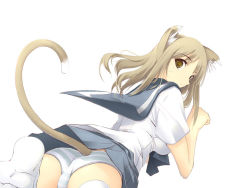 Rule 34 | 1girl, animal ears, cat ears, cat tail, looking back, panties, pantyshot, paw pose, satomi (black scarecrow), school uniform, solo, striped clothes, striped panties, tail, underwear, whiskers, yellow eyes