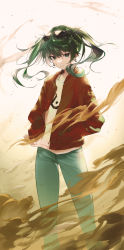 Rule 34 | 1girl, absurdres, backlighting, closed mouth, clothes lift, collarbone, denim, dust cloud, earrings, eyewear on head, feet out of frame, flat chest, floating hair, green eyes, green hair, hair between eyes, hands in pockets, hatsune miku, highres, hoop earrings, jacket, jeans, jewelry, legs apart, looking at viewer, necklace, open clothes, open jacket, pants, red jacket, serious, shirt, simple background, solo, standing, suna no wakusei (vocaloid), sunglasses, tsurime, twintails, vocaloid, white shirt, wind, wind lift, yellow background, yon (tellmedoor), zipper
