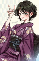 Rule 34 | 1girl, artist name, black hair, black sash, closed mouth, commentary request, fox shadow puppet, green eyes, hand up, himawari-san, japanese clothes, kimono, leaf print, lipstick, long sleeves, looking at viewer, makeup, meigetsu yuu, nail polish, obi, print kimono, purple kimono, red lips, red nails, sash, short hair, signature, sketch, smile, solo, sugano manami, unmoving pattern, upper body, wide sleeves