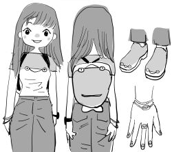 Rule 34 | 1girl, aoki toshinao, backpack, bag, bracelet, commentary, cowboy shot, facing away, feet, foot focus, grey pants, hand focus, highres, jewelry, looking at viewer, medium hair, multicolored clothes, multiple views, nail polish, original, pants, ring, sacabambaspis, shirt, simple background, white background