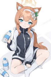 Rule 34 | 1girl, absurdres, animal ear fluff, animal ears, black jacket, black shorts, blue archive, blue eyes, blush, bottle, closed mouth, commentary request, flower, fox ears, fox girl, gym uniform, hair flower, hair ornament, hairband, halo, hand up, head tilt, highres, holding, holding bottle, indian style, jacket, long hair, long sleeves, looking at viewer, mari (blue archive), mari (track) (blue archive), multicolored clothes, multicolored jacket, no shoes, official alternate costume, orange hair, shijiuuuuuuu, shorts, simple background, sitting, smile, socks, solo, two-tone jacket, water bottle, white background, white flower, white hairband, white socks, yellow halo