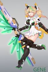 Rule 34 | 1girl, absurdres, aqua eyes, artist request, bare shoulders, blonde hair, blush, breasts, character name, cleavage, elbow gloves, energy sword, gene (pso2), gloves, green hair, grey background, hair between eyes, highres, holding, large breasts, long hair, looking at viewer, one eye closed, phantasy star, phantasy star online 2, solo, standing, sword, symbol-shaped pupils, twintails, weapon