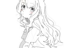 Rule 34 | 1girl, :|, blush, closed mouth, expressionless, eyes visible through hair, from side, greyscale, long hair, looking at viewer, looking to the side, monochrome, original, senzaki, shirt, short sleeves, simple background, sketch, solo, spot color, swept bangs, tareme, upper body, wavy hair, wavy mouth, white background
